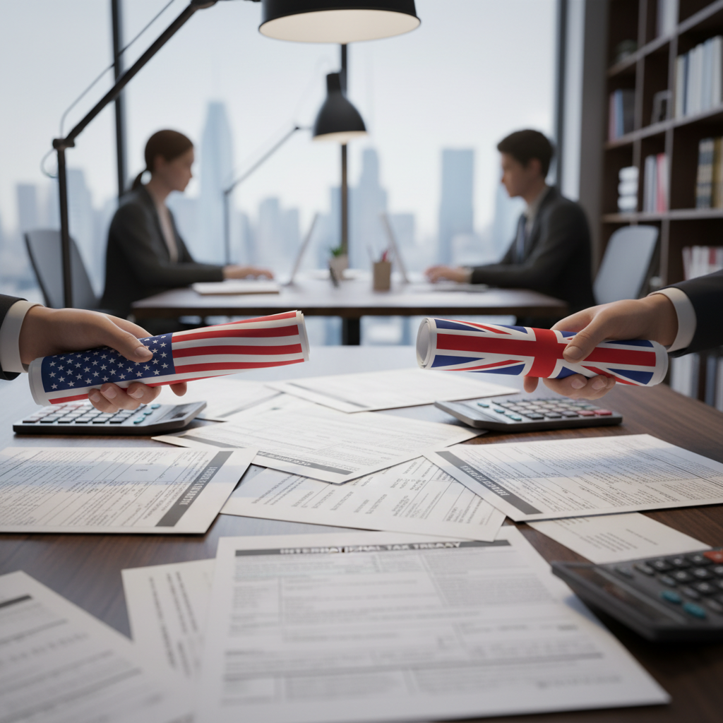 A detailed, photorealistic image of two hands, one holding a document with a US flag design and the other holding a document with a UK flag design, meeting over a table with tax forms. The background is a blurred office setting, suggesting international cooperation and financial complexity. The lighting is professional and clear.