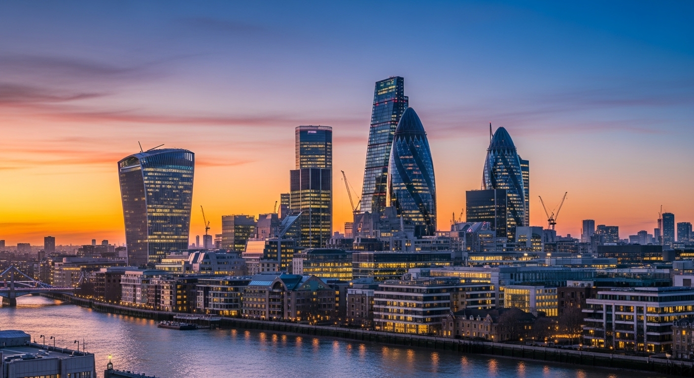 A wide shot of the London financial district skyline at sunset, with iconic modern glass skyscrapers reflecting the vibrant colors of the sky. The scene conveys a sense of global business opportunity and dynamic urban life.