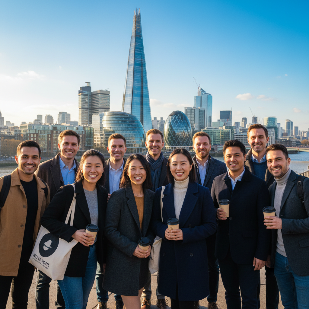 A diverse group of smiling expats from various backgrounds, looking happy and healthy, standing in front of a modern London cityscape with iconic buildings like The Shard and the Gherkin visible in the background. They are casually dressed, some holding travel mugs or small bags, depicting a sense of comfort and well-being in their new home. The scene is brightly lit with a clear sky.