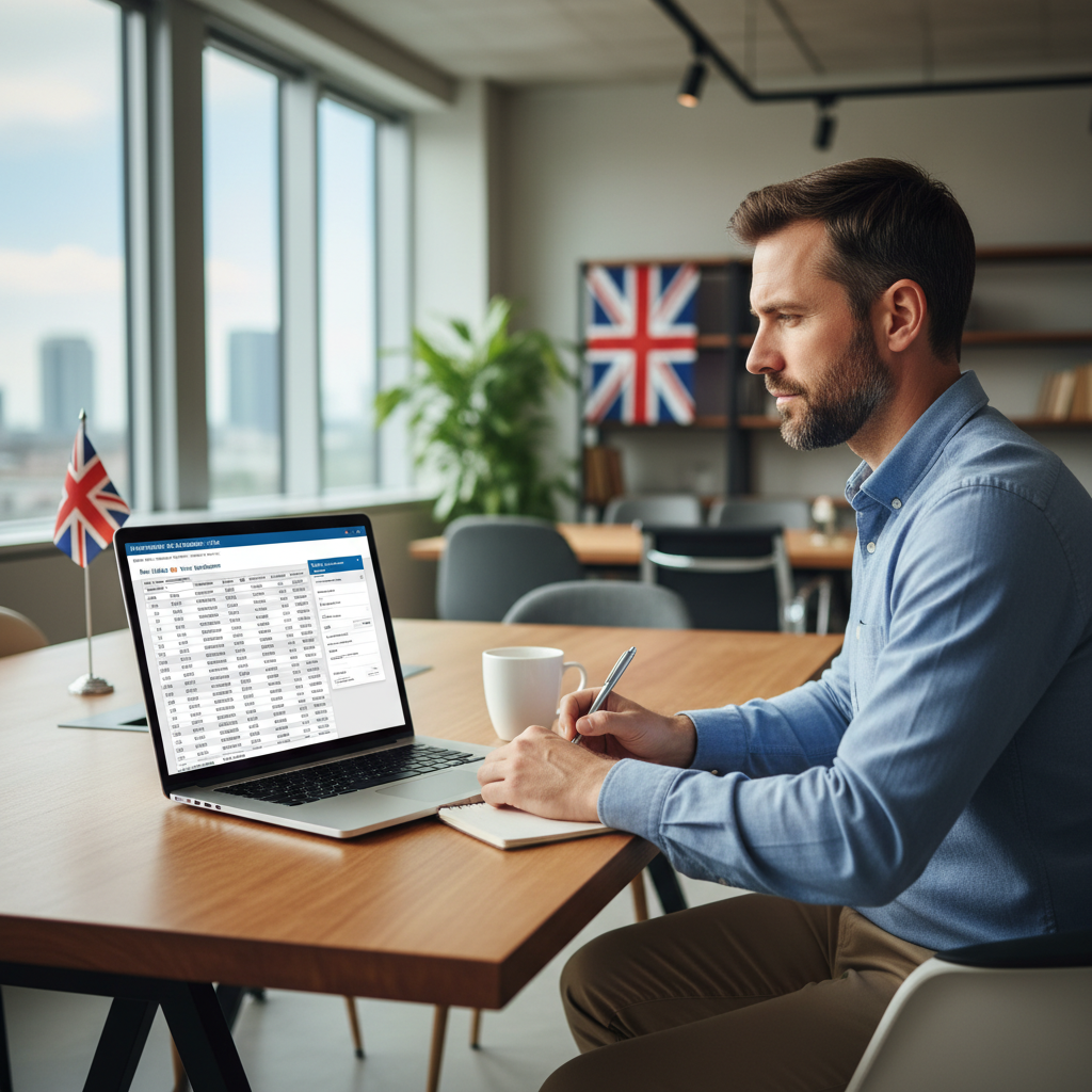 A detailed, photorealistic image of an expat in a modern, well-lit office, looking at a laptop screen with tax forms or a financial spreadsheet, with a cup of coffee and a UK flag subtly in the background, conveying a sense of focused but calm financial planning.