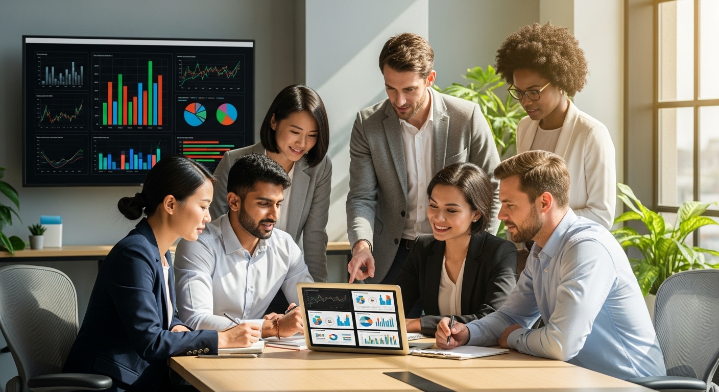 A diverse group of business professionals from various backgrounds, including an expat, discussing banking options on a laptop in a modern, sunlit co-working space, with charts and graphs on a screen in the background, conveying collaboration and financial planning.