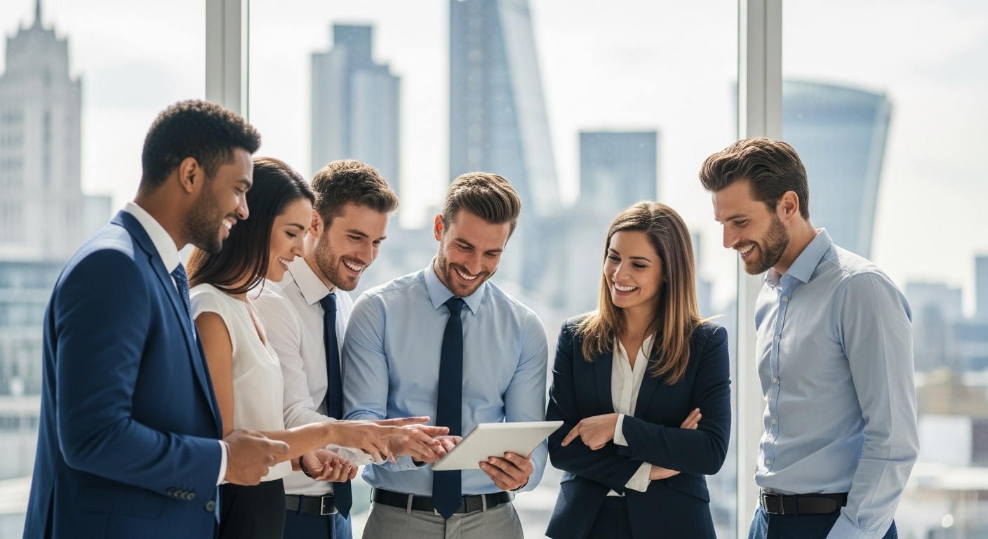 A diverse group of expat professionals from different ethnic backgrounds, smartly dressed in business attire, smiling and engaging in a casual discussion in a modern, sunlit co-working space in a vibrant UK city like London. They are looking at a tablet together, with a blurred cityscape visible through a large window in the background, conveying professionalism, collaboration, and the ease of doing business in the UK.
