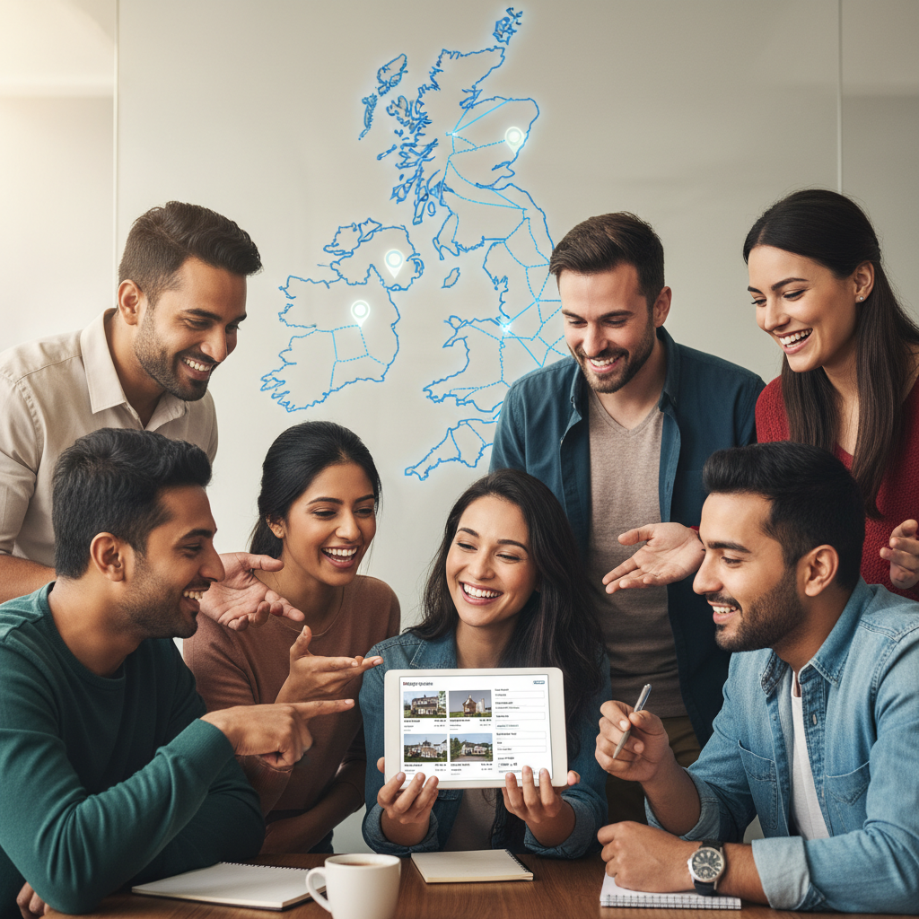 A diverse group of people, appearing as expats, looking at a digital tablet displaying UK property listings and mortgage options, with a map of the UK in the background. They are casually dressed, smiling and engaged in discussion, suggesting ease and clarity in their mortgage journey.
