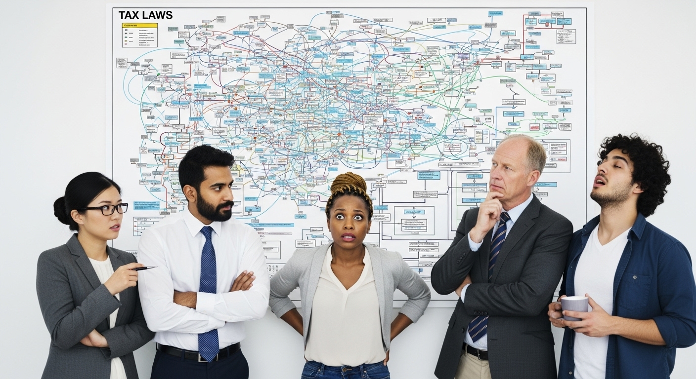 A diverse group of people from different countries looking at a large, confusing infographic chart filled with arrows and numbers, representing complex tax laws, with a slight look of bewilderment on their faces, in a modern office setting. Photorealistic.