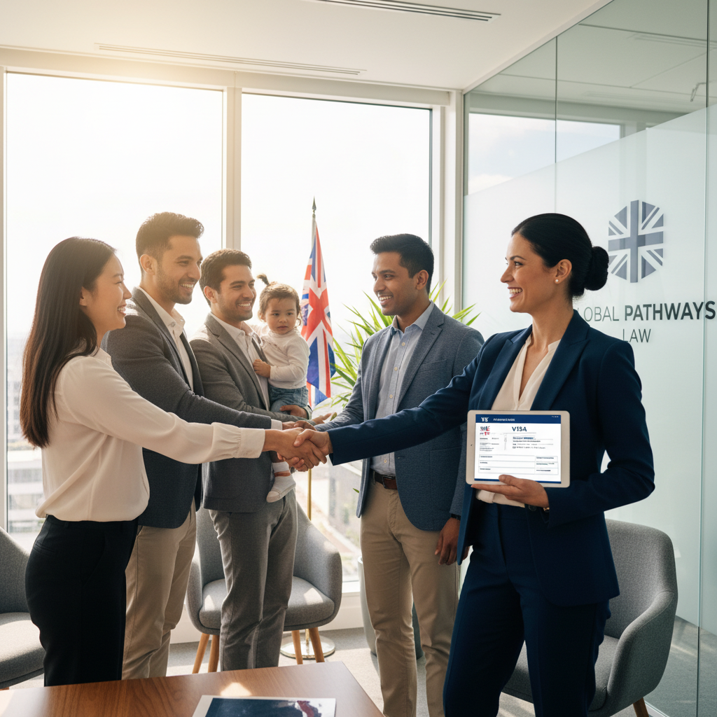A diverse group of expats smiling and shaking hands with a friendly, professional female immigration lawyer in a modern, brightly lit office. The lawyer is holding a tablet showing UK immigration forms, and there's a UK flag subtly in the background. The scene should convey trust, expertise, and a smooth process.