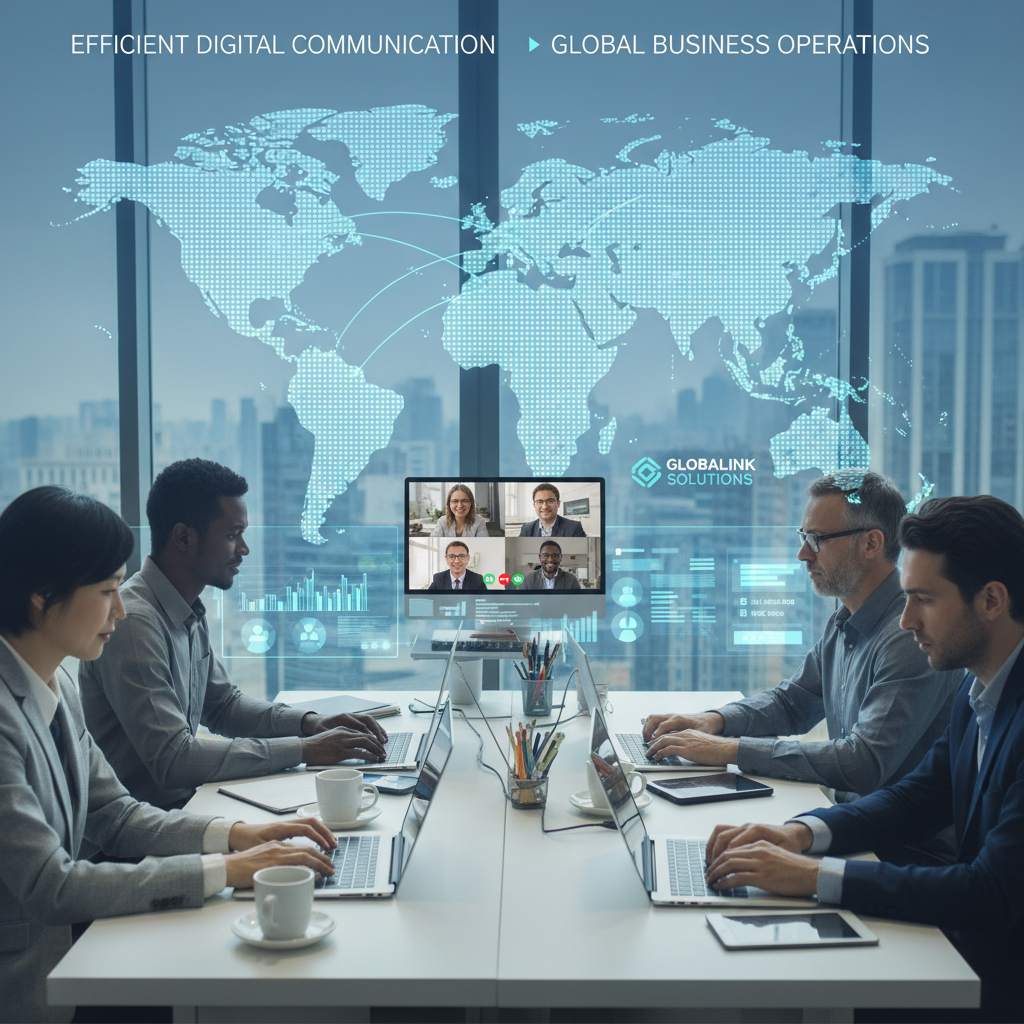 A diverse team of business professionals from different global locations collaborating virtually on laptops and tablets, with a world map overlay in the background, showcasing efficient digital communication and customer relationship management. The image should be vibrant and illustrate modern global business operations.