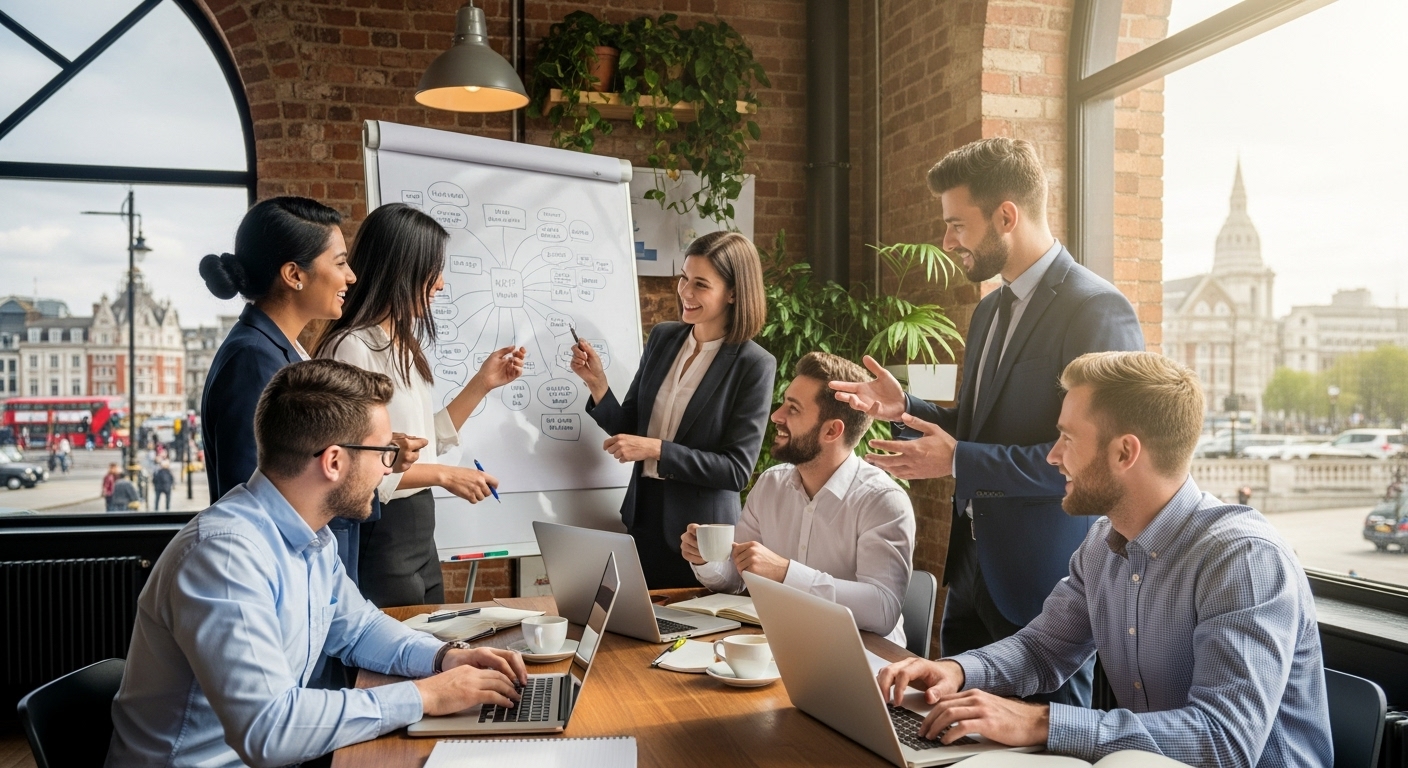 A diverse group of expat entrepreneurs happily collaborating in a modern, sunlit co-working space in London, brainstorming ideas on a whiteboard, with laptops open and coffee cups. The atmosphere is vibrant, professional, and full of positive energy, showing the dynamic nature of starting a business in the UK.
