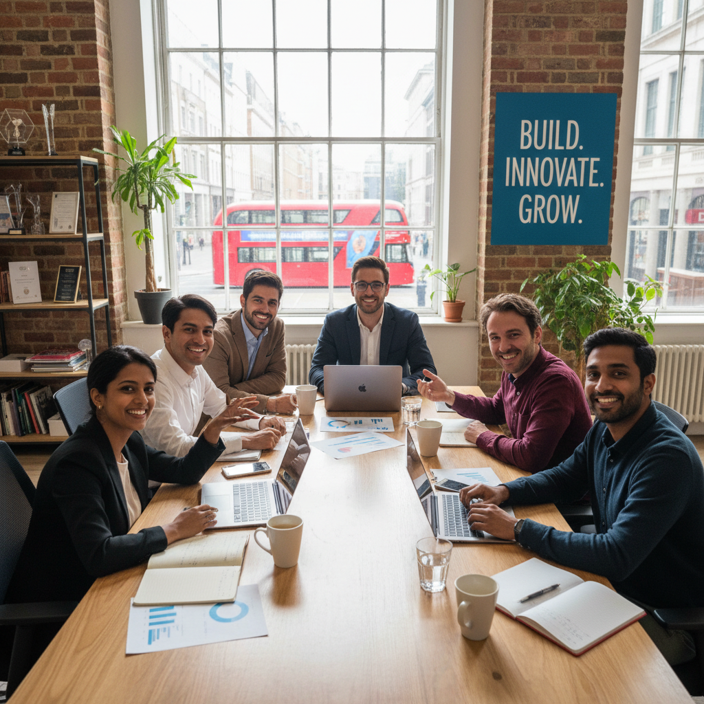 A diverse group of expat entrepreneurs in the UK, smiling and collaborating around a table in a modern co-working space, discussing business plans with laptops open and coffee cups. The setting is bright and encouraging, showcasing a supportive business environment.