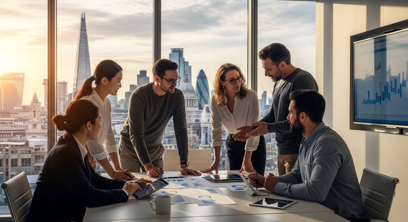 A diverse group of expat investors from different backgrounds discussing investment portfolios in a modern, light-filled office overlooking the London skyline at sunset. They are casually dressed and look engaged.