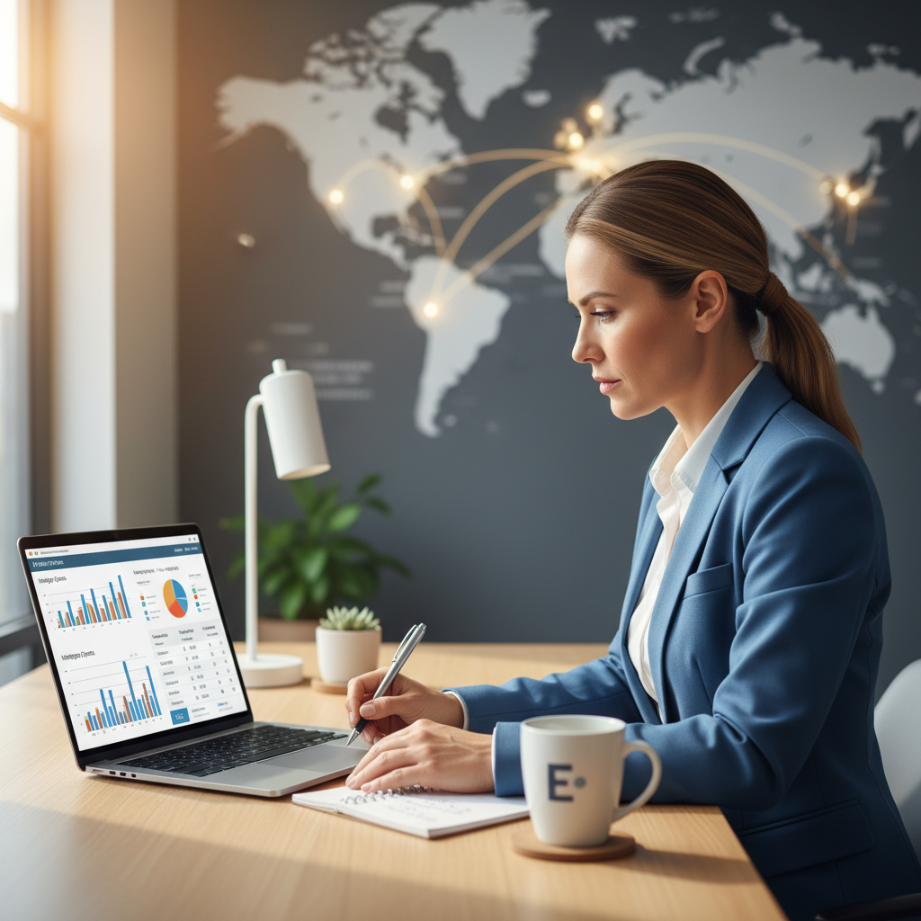 A professional expat sitting at a modern desk, looking intently at a laptop screen displaying various mortgage options and financial figures. They are holding a pen and have a cup of coffee nearby, with a world map subtly in the background, conveying diligence and global financial planning in a bright, contemporary office setting. Photorealistic style.