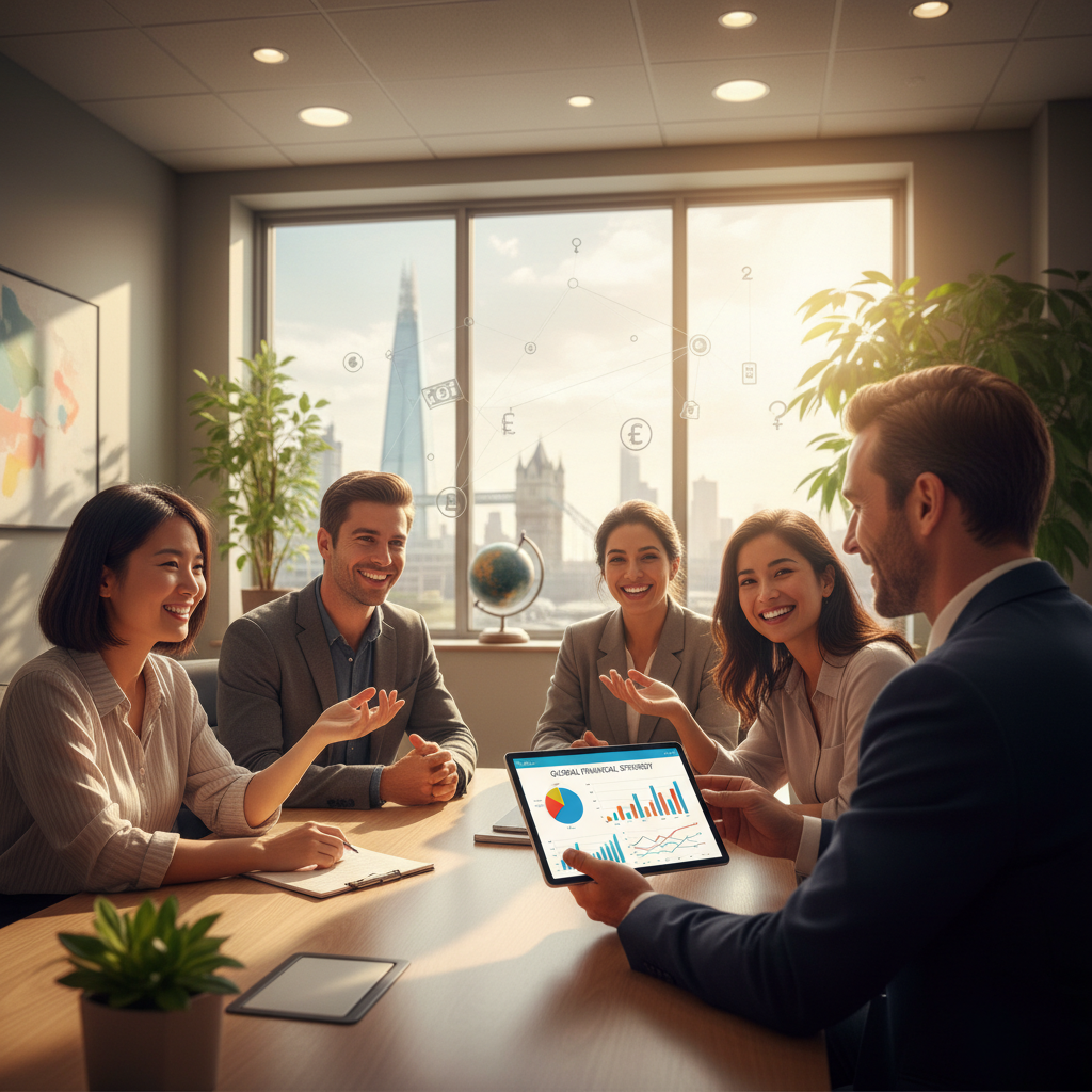 A diverse group of expats, smiling and relaxed, having a friendly conversation with a professional financial advisor in a modern, well-lit office. The advisor is pointing to a digital tablet displaying charts and graphs, representing financial planning. The background shows a subtle blend of UK landmarks and global elements. Photorealistic, warm lighting.